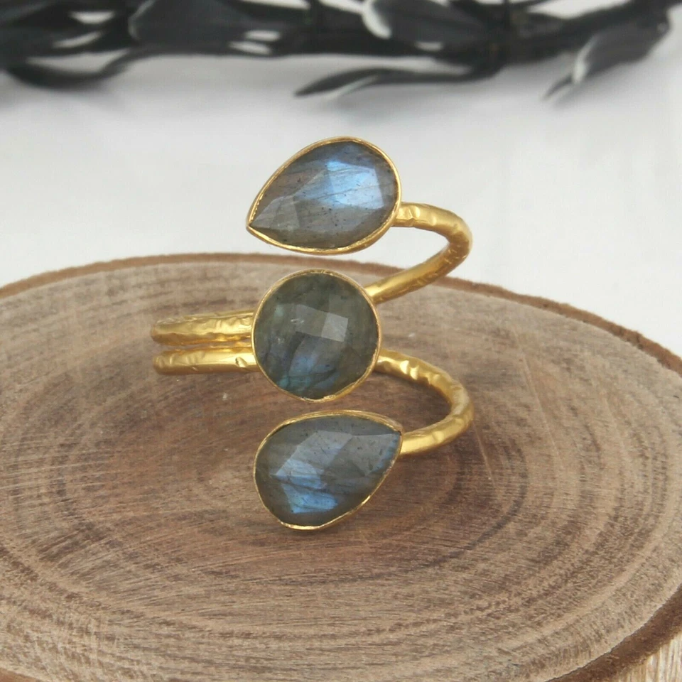 Three Stone Labradorite Spiral Ring 925 Silver Gold Plated Adjustable Gift Ring - Image 1 of 4