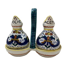 Deruta Italy Italian Pottery Blue Oil & Vinegar Set w/Caddy HANDPAINTED Bellagio