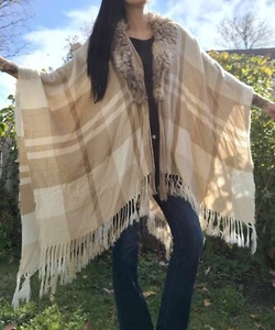 Faux Fur Collar Ivory Brown Plaid Shawl Wrap w Fringe Fall Winter - Picture 1 of 10
