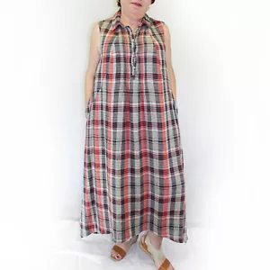 Yuvita Plus Size Plaid Linen Maxi 100% Linen Shirt Dress 1X - Picture 1 of 12
