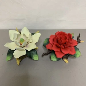 Two “Andrea By Sadek” Flowers On Branches, Porcelain - Red Rose, White Magnolia - Picture 1 of 17