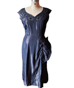 Vintage 1940s 1950s Beaded Taffeta Cocktail Party Dress - Picture 1 of 7