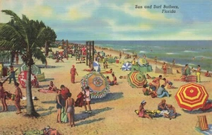 Postcard Sun and Surf Bathers Beach Ocean Palm Trees Florida FL - Picture 1 of 2