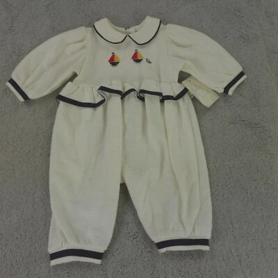 Vintage Baby Dior Jumpsuit Infant Girl 6 Month White White Navy Boat Embroidered - Image 1 of 4