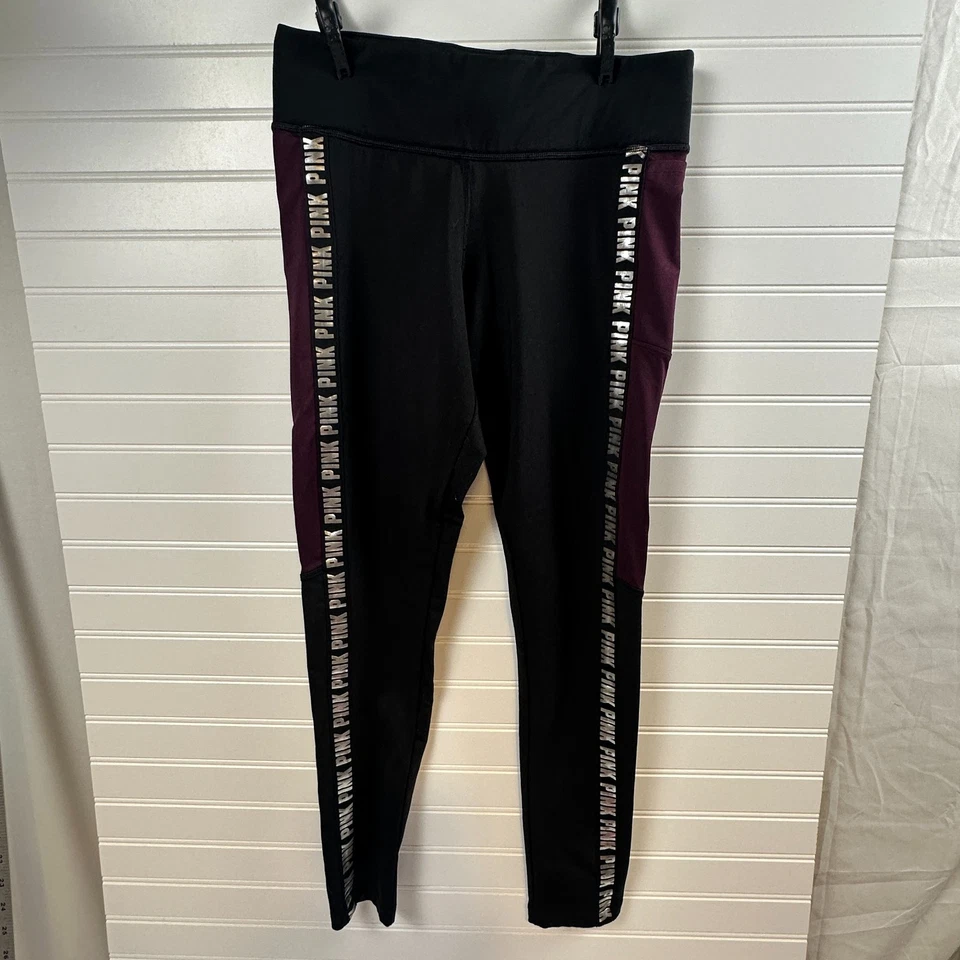 Victoria’s Secret Pink Cozy Leggings Womens Black Burgundy Waistband Medium - Image 1 of 4