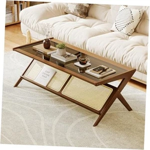 Mid-Century Modern Coffee Table with Glass Top Rattan Center Table with - Picture 1 of 8