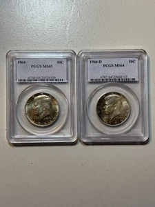 1964 P&D Kennedy Half Dollar Toned Set PCGS MS65/64 Old White Holders - Picture 1 of 10