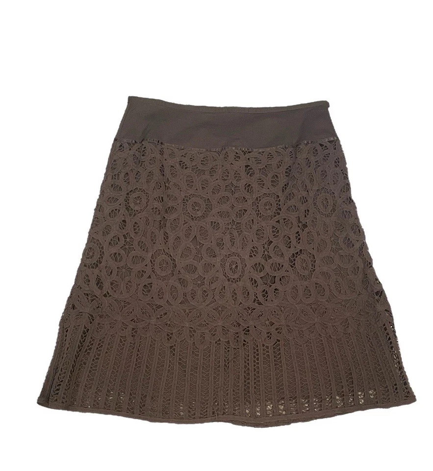 Women’s Chocolate Brown Lace Crochet Midi A Line Skirt Cottage-core Boho Size 12 - Image 1 of 4