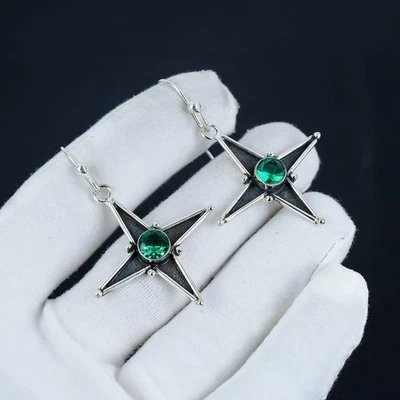 925 Sterling Silver Green Tourmaline Gemstone Handmade Jewelry Earring Size-1.5" - Image 1 of 4