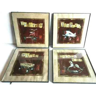 Conjunto (4) Arte emoldurada Quarto de Meninos Avião Cavalo de Balanço Carroça Vermelha Triciclo Berçário - Imagem 1 de 4