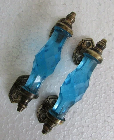 2 Pc Vintage Style Brass Soft Blue Cut Glass Victorian Engraved Door Handle Cover
