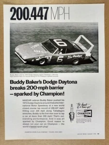 Champion Spark Plugs Buddy Baker Dodge Daytona Talladega 1970 anuncio impreso vintage - Imagen 1 de 1