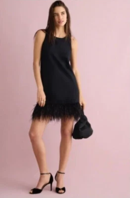 NUEVO J. VESTIDO RECTO CREW COLLECTION $350 NEGRO CREPÉ PLUMA RIBETE TALLA XS Foto 1 de 4