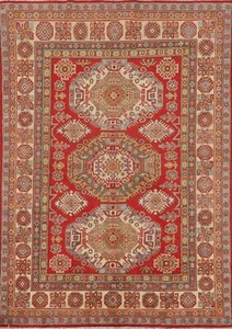 Red/ Ivory Super Kazak Geometric Oriental Area Rug Wool Hand-made Carpet 5'x7' - Picture 1 of 12