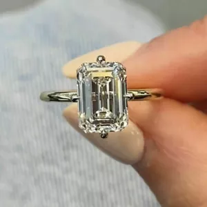 3CT Emerald Cut Real Moissanite Solitaire Engagement Ring Solid 14K Yellow Gold - Picture 1 of 5