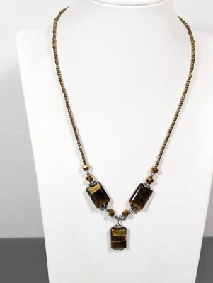 Collar Distintivo Colgante Piedra Rectángulo Ojo Tigre Marrón Costero Playa 21 pulgadas Foto 1 de 4