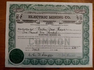 Aktienzertifikat Electric Mining Company, 1500 Aktien #C21 Nevada 1939 - Bild 1 von 2