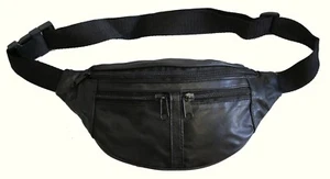 Small 4 Zipper Pocket Soft Lamb Leather Fanny Pack 48" Long Waist Bum Bag -BLACK - Picture 1 of 6