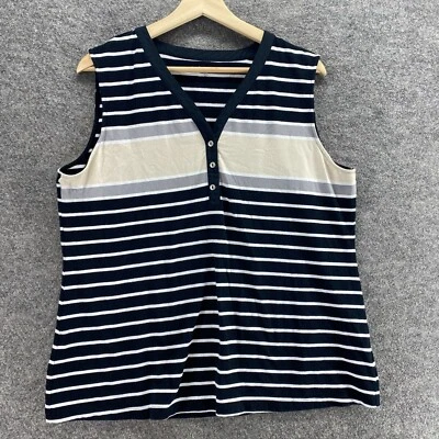 Blusa Croft & Barrow Feminina XL Preta Listrada com Botões Decote V Algodão Sem Mangas - Imagem 1 de 4