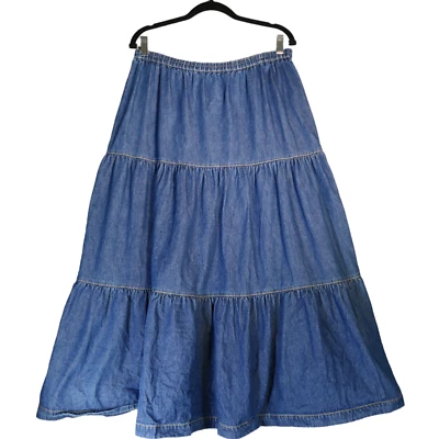 Falda Denim Sag Harbor Para Mujer M Azul Tirar En Niveles Modesto Algodón Campesino Boho Foto 1 de 4