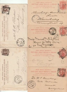 1884/95 6 x LONDON SQUARED CIRCLES ON 1d POSTAL STATIONERY CARDS TO EUROPE - Picture 1 of 2
