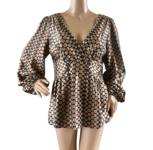 Nanette Lepore L Womens Polka Dot Silk Babydoll Puff Sleeve Office Y2k Size 12 - Picture 1 of 5