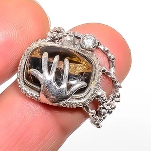 Copper Black Turquoise-Arizona, White Topaz Silver Plated Ring s.8 T29 - Picture 1 of 3