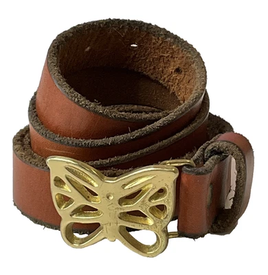 Vintage Solid Brass Butterfly Leather Belt Brown Boho Hippie Retro Y2K 90s Sz32 - Image 1 of 4