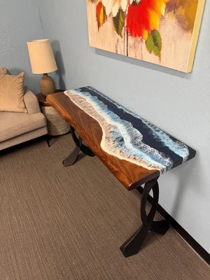 Blue  coastal console Table with Live Edge Wood  Handmade epoxy Console Table - Image 1 of 4