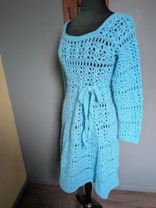 60er 70er Jahre Häkelkleid, türkisblau Strickkleid - Bild 1 von 20