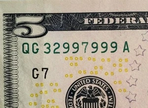 LUCKY 999 Five Of A Kind 9s $5 Five Dollar With Minor Insufficient Ink Error - Picture 1 of 4