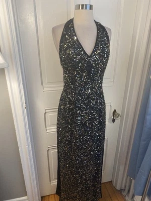 SCALA LONG SILK SEQUIN FORMAL  BLACK DRESS-SIZEL-NECK STRAP-SIDE SLITS-SALE!! - Image 1 of 4