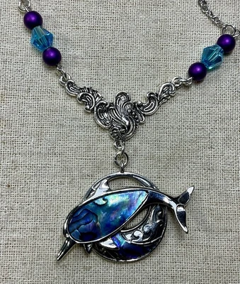 Dolphin Necklace- 18” Chain, Silver tone, Abalone Shell, Purple & Blue, Ocean - Image 1 of 4