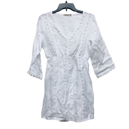 VALENTINO Abito Valentina Naldi 100% Lino Bianco BOHO Ricamato Pizzo Med Lagenlook Italia