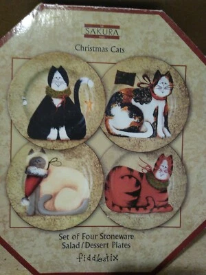 Sakura Christmas Cats Stoneware Salad/Dessert Plates 4 Pre-owned  - Image 1 of 4