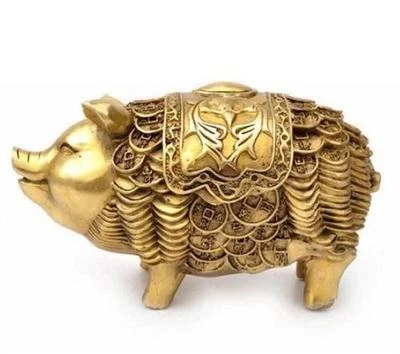 Chinese Lucky fengshui brass wealth money coin zodiac Pig Swine Animal statue - Image 1 of 4