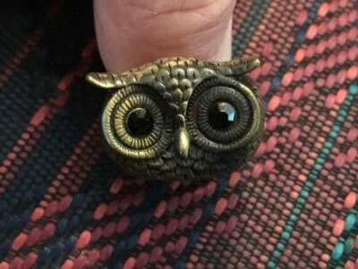 Brass Owl Head Face Ring With Black Onyx Eyes Size 7 Vintage - Image 1 of 4