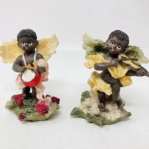 Lote De 2 Estatuillas De Ángel Afroamericano De Colección Violín Musical Y Tambor Negro - Imagen 1 de 9