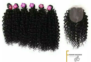 Afro Hair Extensions 16"-20" Synthetic 7 Pcs Bundle & Closure Woman Curly Weave 
