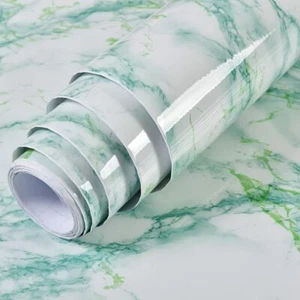 Marble Vinyl Roll Adhesive White/Green Contact Paper Wallpaper Kitchen Cabinet - Picture 1 of 11