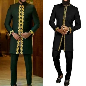 Men's Suit Pants Set Muslim Embroidered Long Sleeved African Ethnic Clothing - Picture 1 of 6