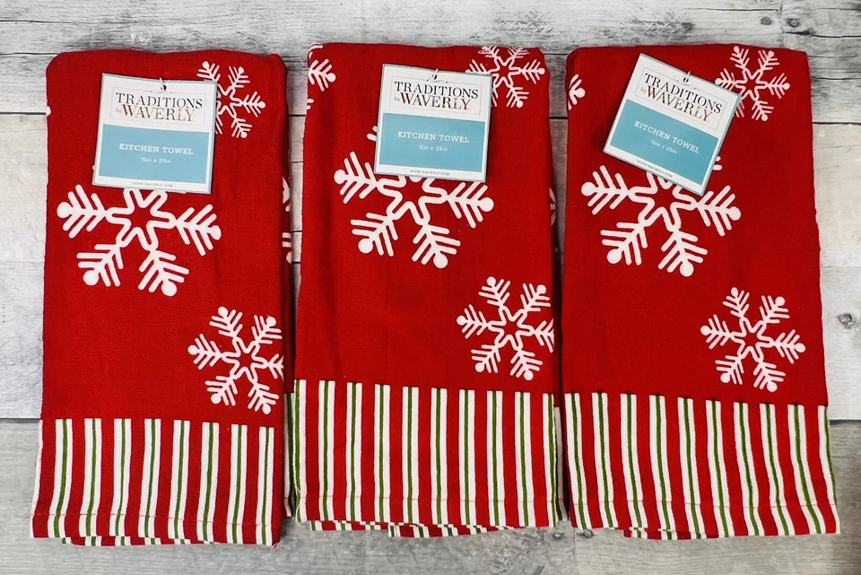Toallas de cocina vintage Waverly Navidad copos de nieve rojo blanco - Lote de 3 Foto 1 de 4