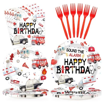 Emergency Vehicle Birthday Party Supplies 96pcs Plates, Napkins, Tableware - Image 1 of 4