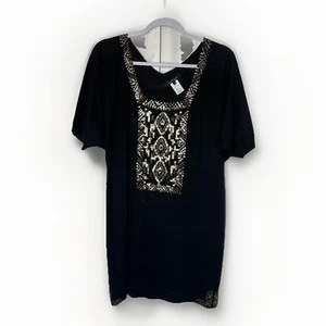 Nanette Lepore Women's Tunic Sweater Top Beaded Silk Linen Metallic Y2K Boho Art - Picture 1 of 9