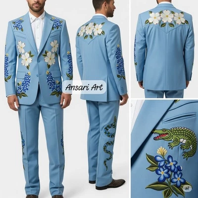 Hombres Azul Cielo 2 Piezas Floral Cocodrilo Bordado Nudie Vaquero Occidental Fiesta Boda Foto 1 de 4