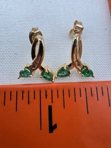 14 Karat Gelbgold grüner Smaragd Diamant Ohrringe Ohrstecker natürliche Birne 1,9 g gemarkt - Bild 1 von 14