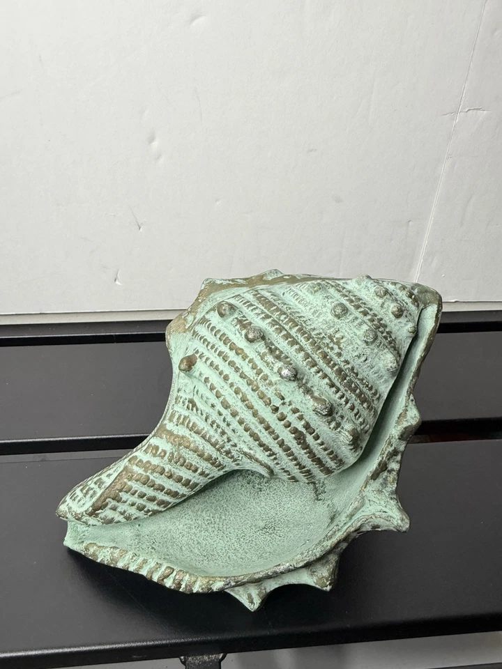 VTG Cast Aluminum Conch Shell 9" Coastal Beach Cottage Decor Silver Teal Blue - Image 1 of 4