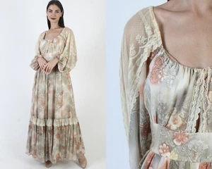 Vtg 70s Gunne Sax Dress Poet Slv Jessica McClintock Boho Wedding Maxi Sz 11 - Picture 1 of 8