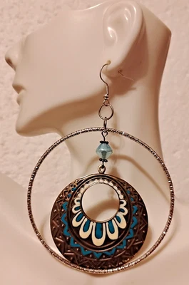 Turquoise Mandala Hoop Earrings | Bohemian Geometric Dangle Jewelry Blue Accents - Image 1 of 3
