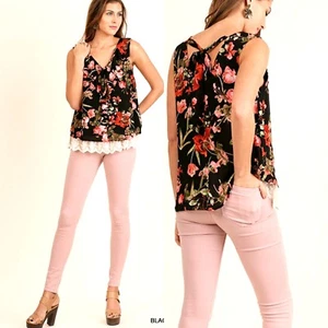 Umgee Top Size S M L Black Floral Fairy Lace Whimsygoth Cottage Tie Tunic Womens - Picture 1 of 6